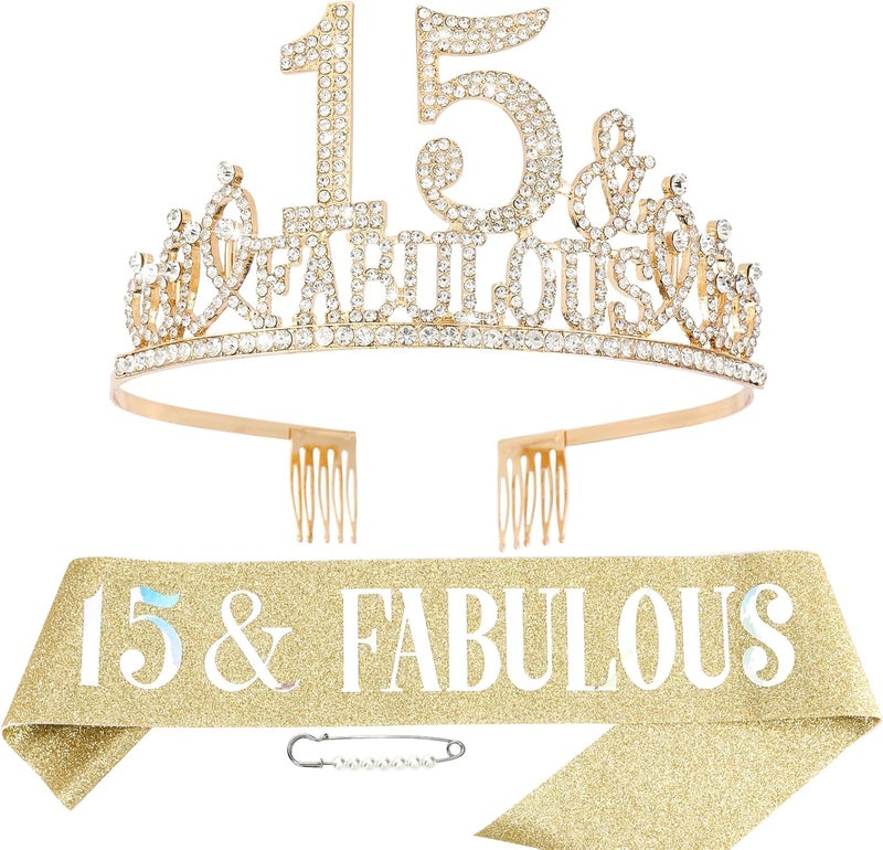 Hapdoo 15th Birthday Decorations for Women, 15th Birthday Gifts Sash and Crown for Women Set, 15 & Fabulous Party Supplies, Gold - Image 1